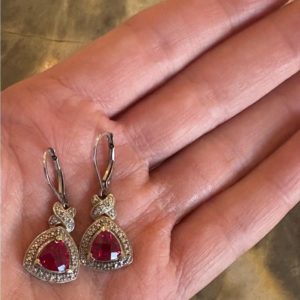 LARGE Genuine Diamond Ruby Art Deco Earrings 925 Sterling Estate Like New - Picture 3 of 7